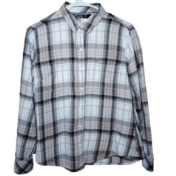 Riders Lee Neutral Plaid Flannel Grey Soft Cozy Women Medium Y2K Button Up Top - Picture 1 of 11